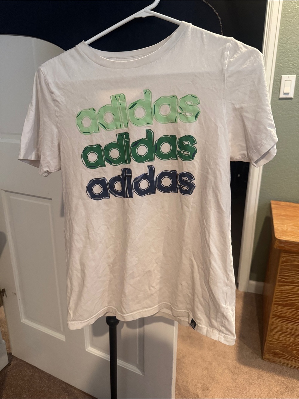 adidas White Tee with Gradient Green and Navy Logo